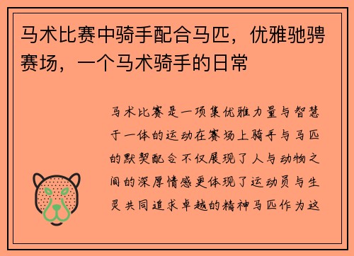马术比赛中骑手配合马匹，优雅驰骋赛场，一个马术骑手的日常