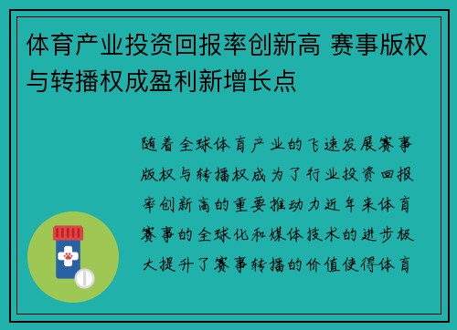 体育产业投资回报率创新高 赛事版权与转播权成盈利新增长点