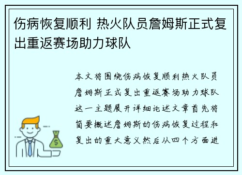伤病恢复顺利 热火队员詹姆斯正式复出重返赛场助力球队 伤病恢复顺利 热火队员詹姆斯正式复出重返赛场助力球队
